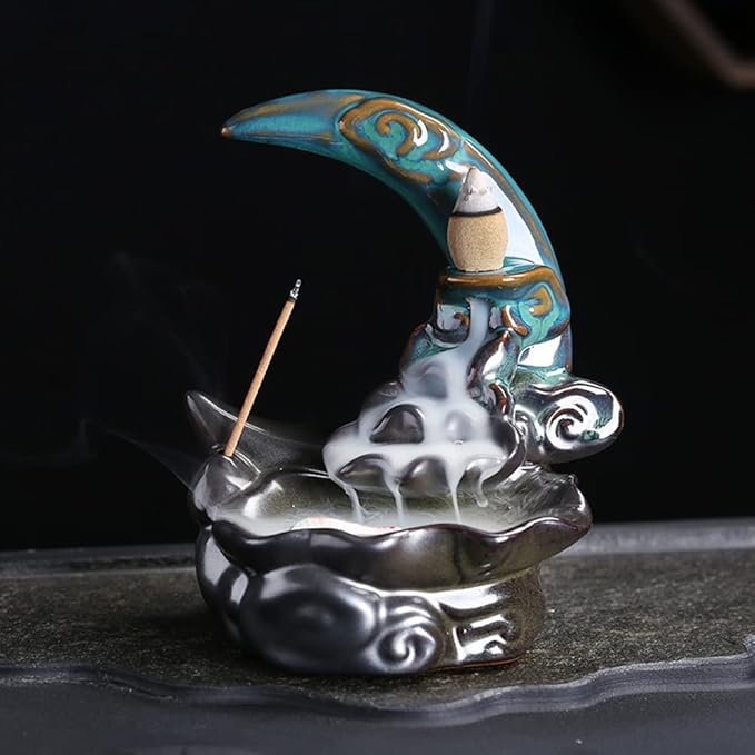 Ceramic Incense Holder Backflow Handcraft Moon Incense Burner with 30 Incense Cones 1 Tweezer 1 Mat 30 Incense Sticks for Home Decoration Ornament Aromatherapy and Meditation