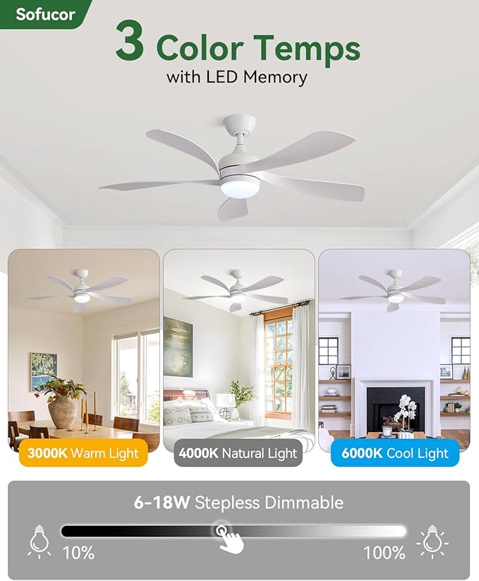 Sofucor 52 Inch Ceiling Fans with Lights and Remote, Outdoor Ceiling Fan with Light 6-Speed 3 CCT 3-Timer, White Low Profile Ceiling Fan 5 Blade Reversible DC Motor for Living Room Bedroom Patio