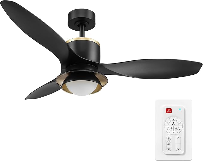 Globe Electric 27106 48" Ceiling Fan with LED Light, Remote Control, WhisperQuiet DC Motor, 6 Speeds, Black with Brass Accents, Reversable Airflow, Ceiling Fans with Lights, Ceiling Lighting
