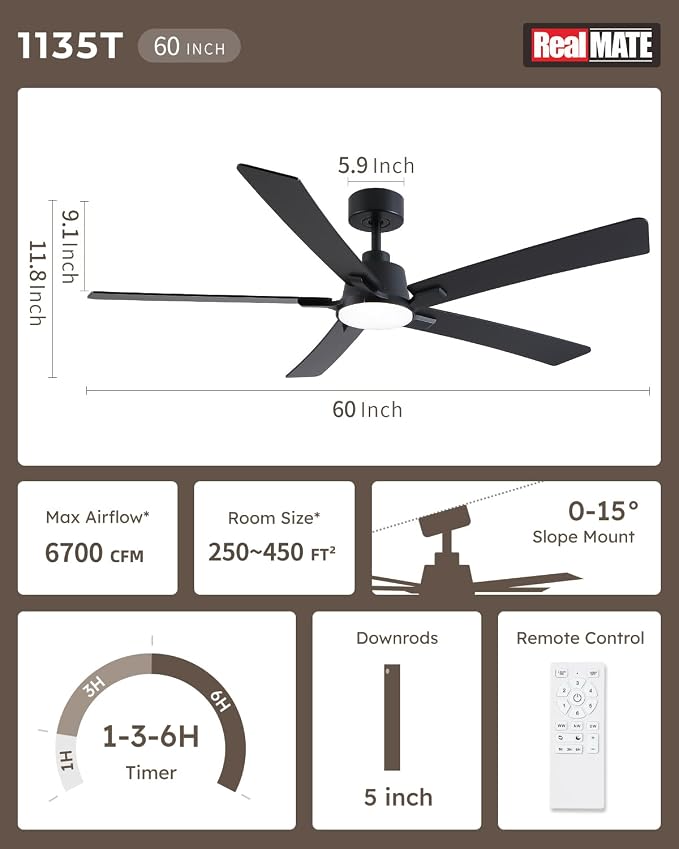 60 Inch Black Downrod Ceiling Fans with Lights and Remote | 3CCT Dimmable LED, 6 Speed, Quiet DC Motor, 3-Level Timer Function, Forward/Reserve For all Seasons, Indoor/Covered Outdoor