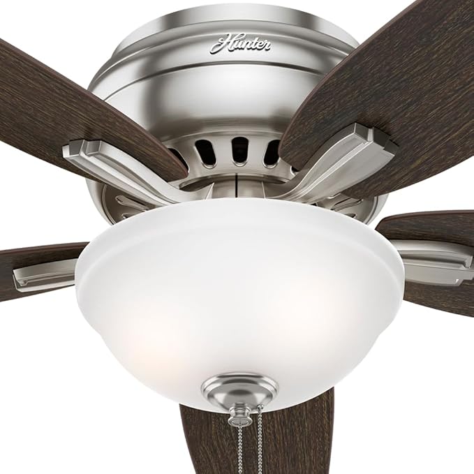 Hunter 52 inch Indoor Ceiling Fan with LED Light - Ceiling Fan with Pull Chain, For Bedroom or Living Room, Low Profile Flush Mount, No Remote, 5 Blades, Includes Bulbs- Newsome 53315, Brushed Nickel