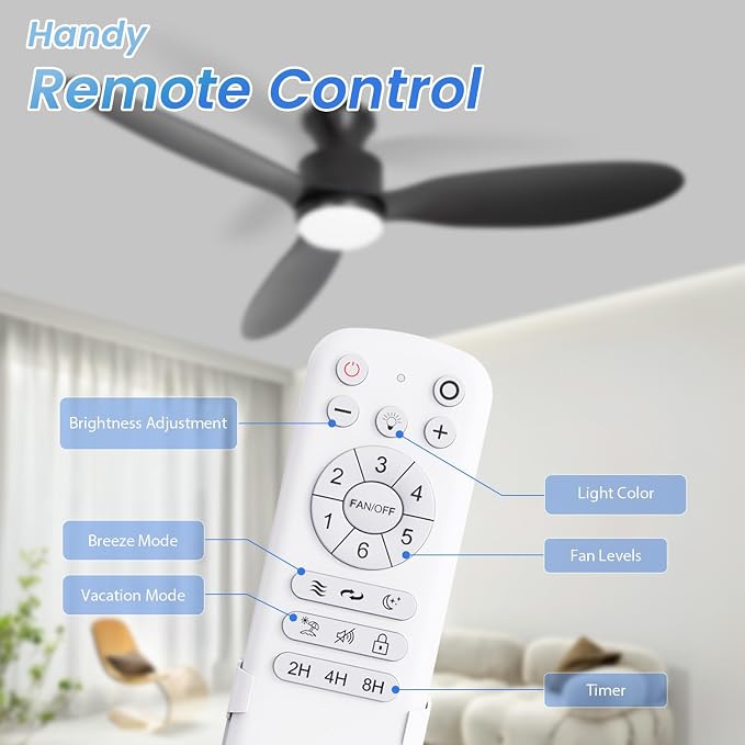 Flush Mount Ceiling Fan with Light and Remote, 52 inch Low Profile Ceiling Fans with Remote, 3 Color Light, 6 Speed, DC Motor, (ABS, Classic Black)