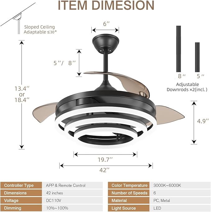 FIDGRA 42 Inch Retractable Ceiling Fan, Chandelier Ceiling Fans with Lights, Silent DC Motor, 6 Speeds, 3 Color Changing for Bedroom Living Room (Black)