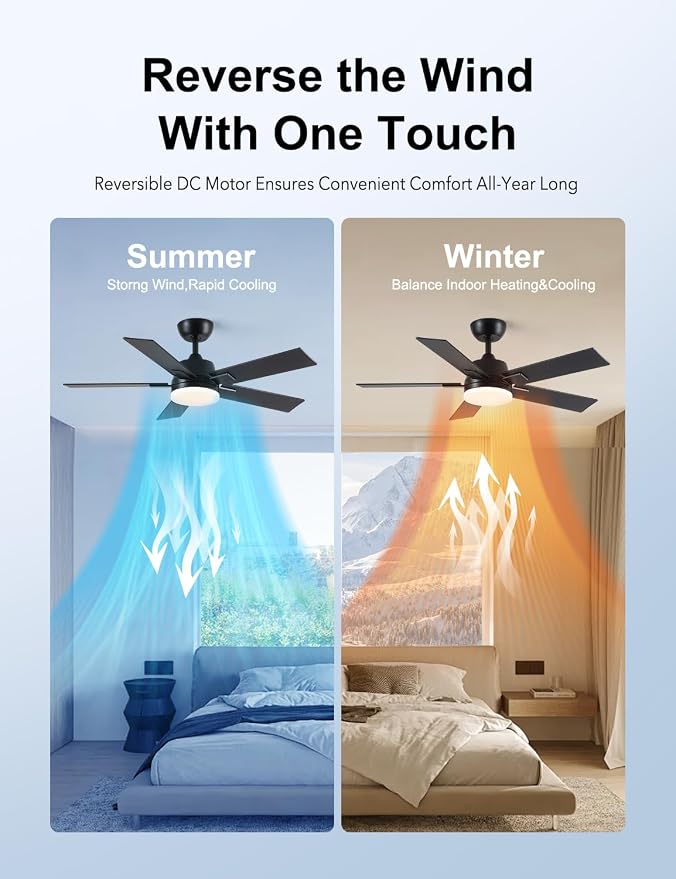 Rayqueen 42 Inch Black Ceiling Fans with Lights and Remote,Includes Downrod | 6 Speed Reversible DC motor,3-color temperature dimmable LED.For indoor/covered outdoor.Modern style for bedroom room
