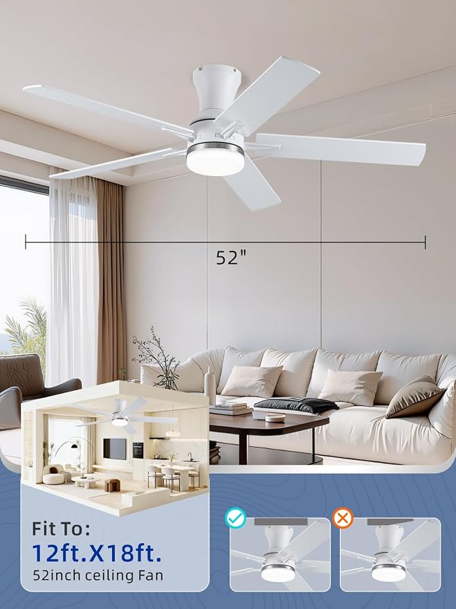 LANMEL 52 Inch Flush Mount Ceiling Fan with Light, App&Remote Control, Low Profile Modern Ceiling Fan, 6 Speed, Reversible, 3000k-6500k Dimmable LED, Quiet DC Motor for Indoor Outdoor, Silver White