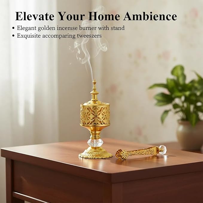 Gold Incense Burner with Tongs - Versatile Bakhoor Resin Thurible for Home, Yoga, Church & Spiritual Use