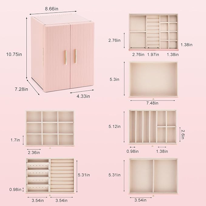 Dajasan Large Jewelry Organizer Box, 6-Tier Jewelry Storage Case with 5 Drawers, Jewelry Boxes for Women Girls with Mirror, Double Door, Textured PU Leather, Gift Idea, Stylish (Pink + Gold)