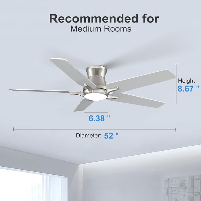 POCHFAN 52 Inch Ceiling Fans with Lights and Remote, Brushed Nickel Flush Mount Low Profile Ceiling Fan for Bedroom, Living Room, Patio, Dimmable 6 Speeds Noiseless, ETL Listed