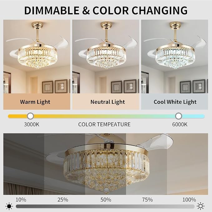 48 Inch Fandelier Ceiling Fan with Light, Chandelier Ceiling Fan for Bedroom Living Room, LED Dimmable, 6-Speed Reversible Motor, Timer & Memory Function-Gold