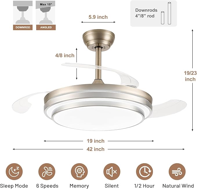 42 Inch Fandelier Ceiling fan with Light and APP/Remote,Dimmable Retractable Ceiling Fan with Lights,6-Speed,Reversible Motor,Noiseless,Modern Ceiling Fans for Bedroom/Living Room(Brush Nickel)