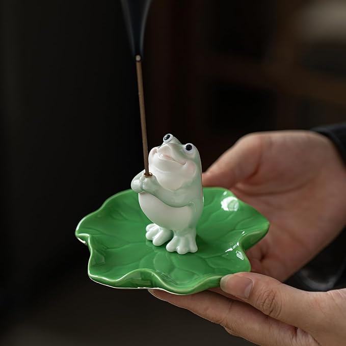 Frog Incense Holder for Sticks, Ceramic Incense Holder Cute Frog Figurines Incense Stick Holder, Insence-Sticks Burner Incense Burner Holder for Yoga Meditation Home Office Decor (with Ash Catcher)