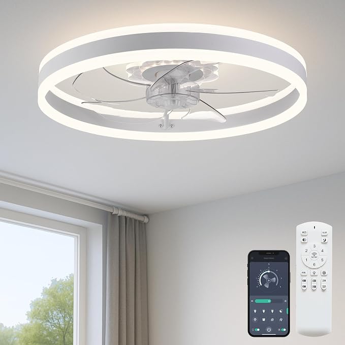 FSZDORJ 20'' Ceiling Fan with Light and Remote, Low Profile Ceiling Fan with Light, Dimmable Flush Mount Ceiling Fan Light, 6 Speeds Fan, App&Remote Control, Fandelier Quiet Fan for Bedroom F105 White