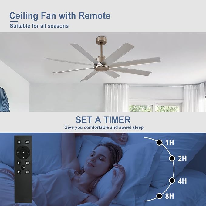 Ceiling Fan: 72 Inch Nickle DC Motor - 8 Large Blades, Remote Control - Farmhouse Indoor/Outdoor Ceiling Fan for Bedroom, Living Room, Patio