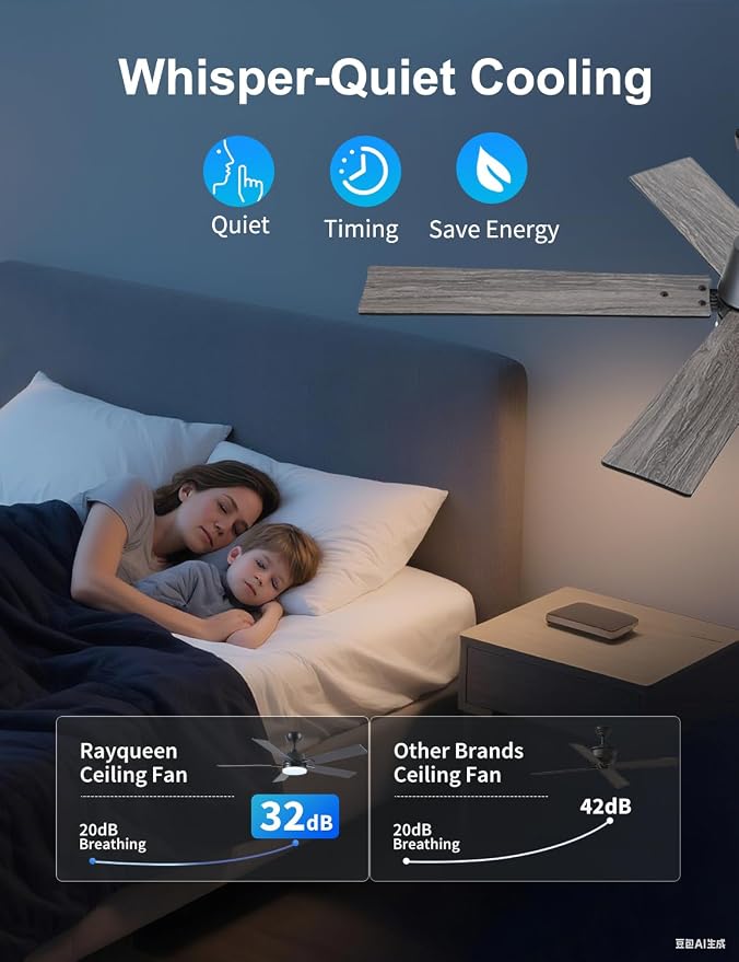 Rayqueen 52 Inch Black Ceiling Fans with Lights and Remote,Includes Downrod | 6 Speed Reversible DC motor,3-color temperature dimmable LED.For indoor/covered outdoor.Modern style for bedroom room