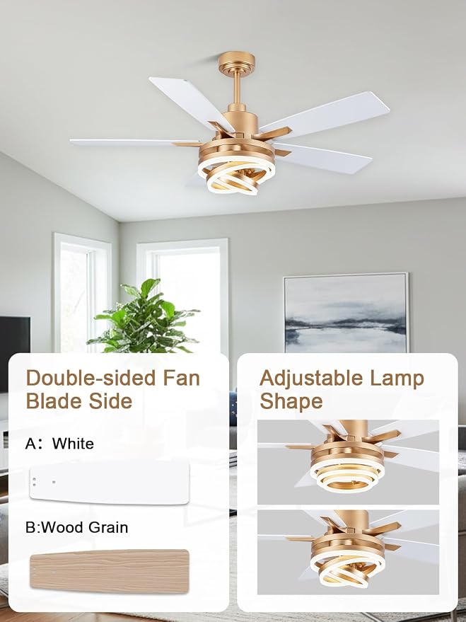 Bella Depot 52 Inch Gold White Ceiling Fan Modern Chandelier Ceiling Fan with Dimmable Light, 6-Speed, Reversible, Timing Option - Ideal for Bedroom Living Room