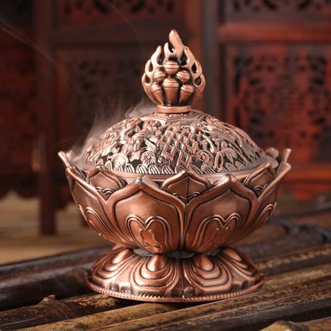 Walfront Metal Incense Cone Holder Lotus Bowl Zinc Alloy(Red-bronze), Desktop Ornament Supplies