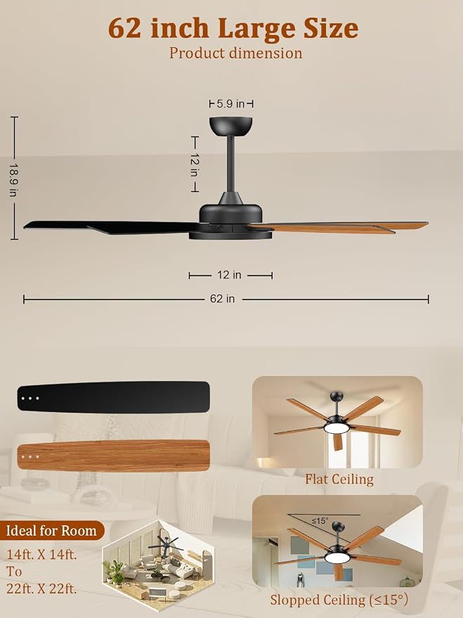 TALOYA Large Ceiling Fans with Lights and Remote, Reversible Quiet DC Motor, 6 Speeds, 3CCT, Dimmable, 62 inch Black Modern Ceiling Fan for Patios, Living room, Bedroom, Farmhouse, Indoor, Outdoor