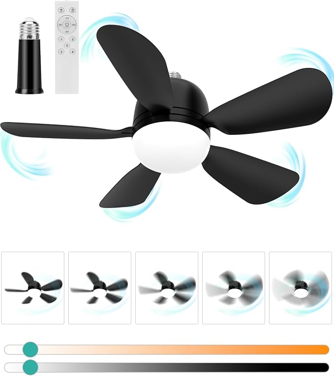HK Socket Fan Light, 20 Inch Screw Ceiling Fans with Lights, 5 Speed E26/E27 Base Small Ceiling Fan, 3 Colors 3000K-6500K Dimmable Socket Fan with Light for Garage/Bathroom/Bedroom/Kitchen