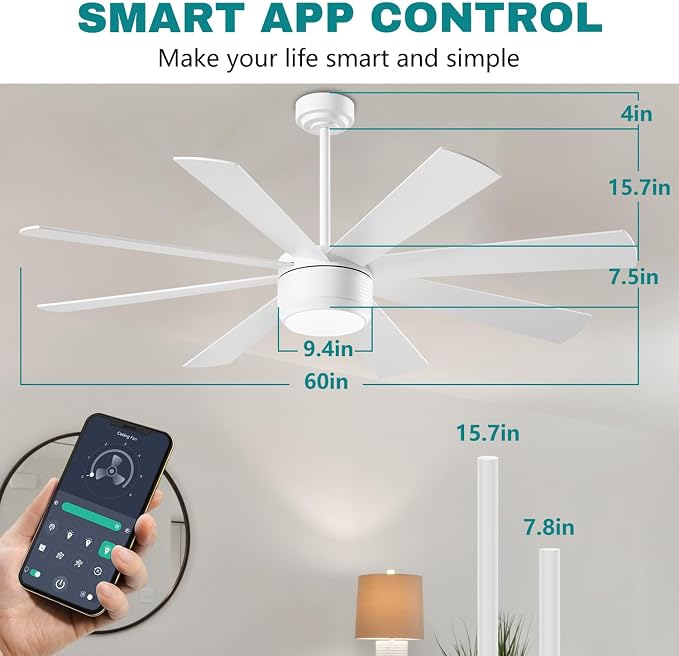 SHOWDI White Ceiling Fans with Lights and Remote, Quick Installation, 60 in | 2 Blade Color, Metal Material, App Remote Control, Timer, Reversible, 3CCT, Dimmable for Bedroom, Living room, Indoor