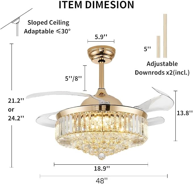 48 Inch Fandelier Ceiling Fans with Light, Chandelier Ceiling Fan, Retractable Crystal Ceiling Fan for Bedroom, Living Room, 3 Color Change, LED Dimmable, 6 Speeds, Reversible DC Motor-Gold