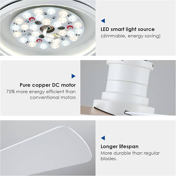 Hounberi 52 Inch Flush Mount Ceiling Fan with Lights and Remote, Modern Quiet DC Motor Low Profile Ceiling Fan for Low Ceilings, 5 Reversible Blades, 6 Speeds Dimmable, Indoor Outdoor Bedroom, White
