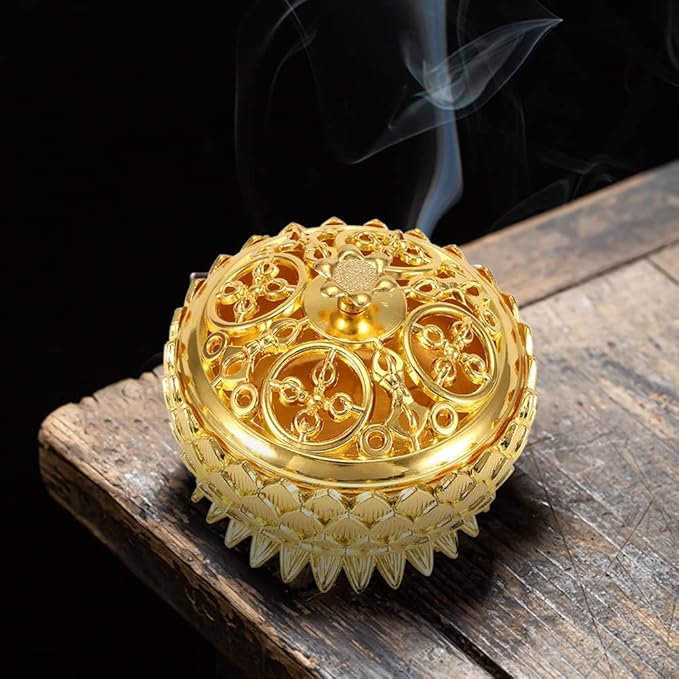 Pssopp Metal Incense, Vintage Lotus Zinc Alloy Incense Holder Sandalwood for Home Decoration Meditation(Gold)
