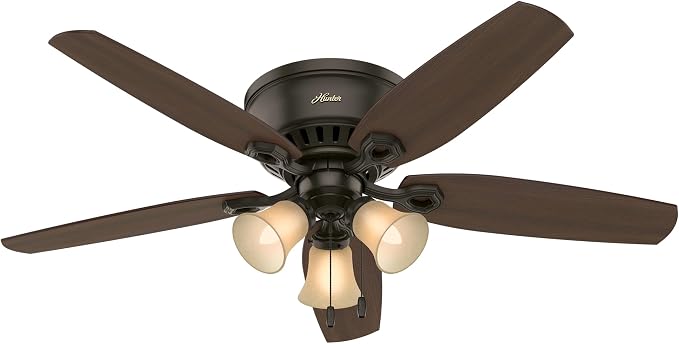 Hunter Builder, Indoor, Ceiling Fan, with LED Lights, 52 inch, New Bronze | Low Profile Flush Mount, Pull Chain, 5 Blades, For Bedroom, Living Room, Kitchen, 53327