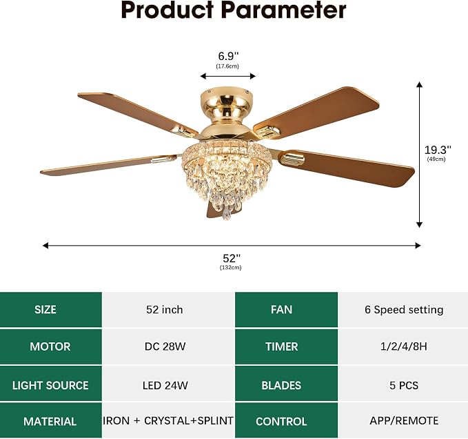 52“ Crystal Ceiling Fans with RGB Lights, Remote/App Control, Luxury Fandelier Ceiling Fan Flush Mount, Reversible DC Motor, Dimmable, Bedroom Chandelier Fan, (Gold)