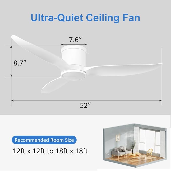 52 Inch Ceiling Fan with Light and Remote, Indoor White Ceiling Fan Low Profile Flush Mount with Dimmable LED Light, Reversible Motor for Bedroom, Living Room