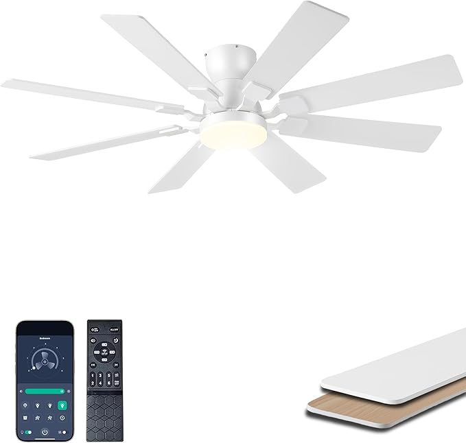 JSAITEE 52Inch Ceiling Fan with Lights, Low Profile Flush Mount, White | Ceiling Fans,DC Reversible Motor Noiseless, 3CCT Dimmable, Dual Finish, 6 Speeds Ceiling Fan for Indoor/Outdoor