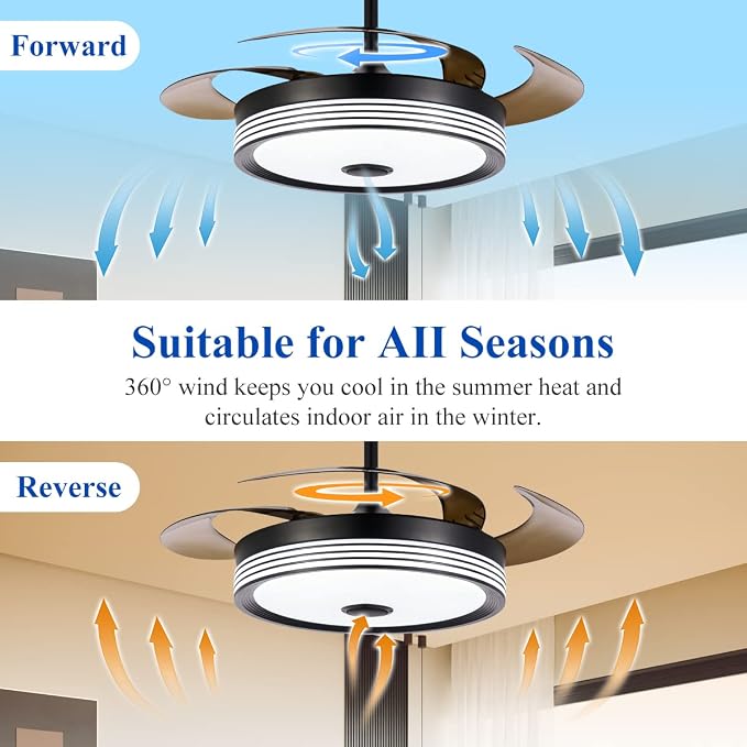 42 inch Modern Retractable Ceiling Fan with Lights and Remote Control, 6Speed Dimmable Fandelier, Smart Ceiling Fan Light with Bluetooth Speaker, RGB Color Reversible Bedroom Living Room Black