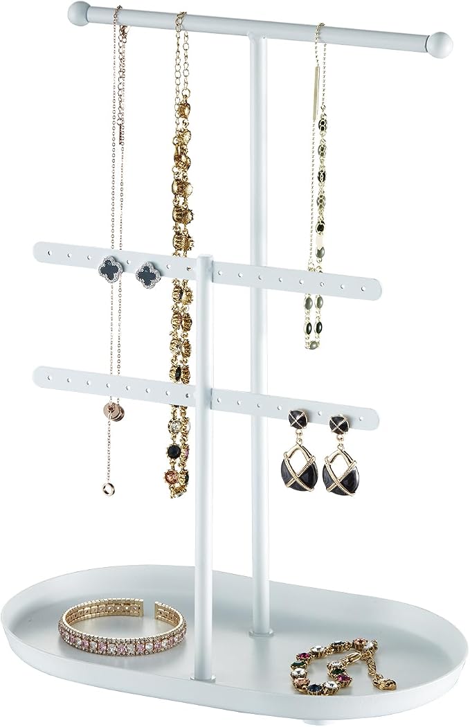 Saydear 3-Tier Jewelry Organizer Stand, Earring Holder Necklace Tree | White Metal Earring Rails With Top Necklace Bar, Oval Tray Base, Ideal Vanity Dresser Decor, Gift For Her