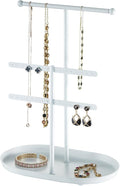 Saydear 3-Tier Jewelry Organizer Stand, Earring Holder Necklace Tree | White Metal Earring Rails With Top Necklace Bar, Oval Tray Base, Ideal Vanity Dresser Decor, Gift For Her