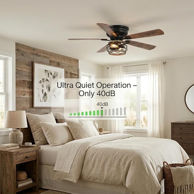 48 Inch Farmhouse Ceiling Fan with Light, Industrial Flush Mount Ceiling Fan with Remote Control, Low Profile Ceiling Fan for Bedroom Living Room, Timer, Black Caged Ceiling Fan for Indoor and Outdoor