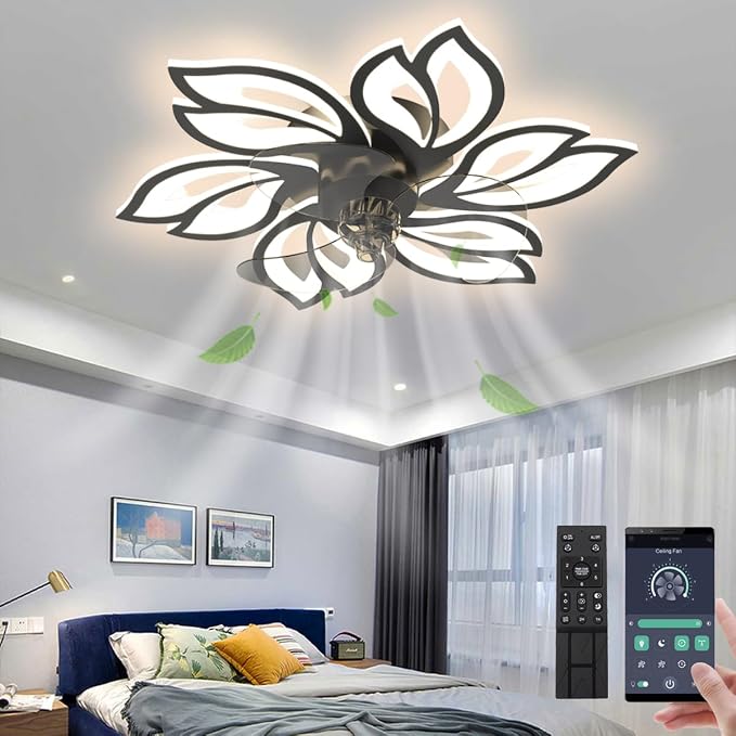 25.6" Bladeless Ceiling Fan with Lights Remote Control, Modern Low Profile Ceiling Fans with Lights, Dimmable 3 Color 6 Wind Speeds LED Ceiling Fan for Bedroom, Living Room, Kids Room - Black