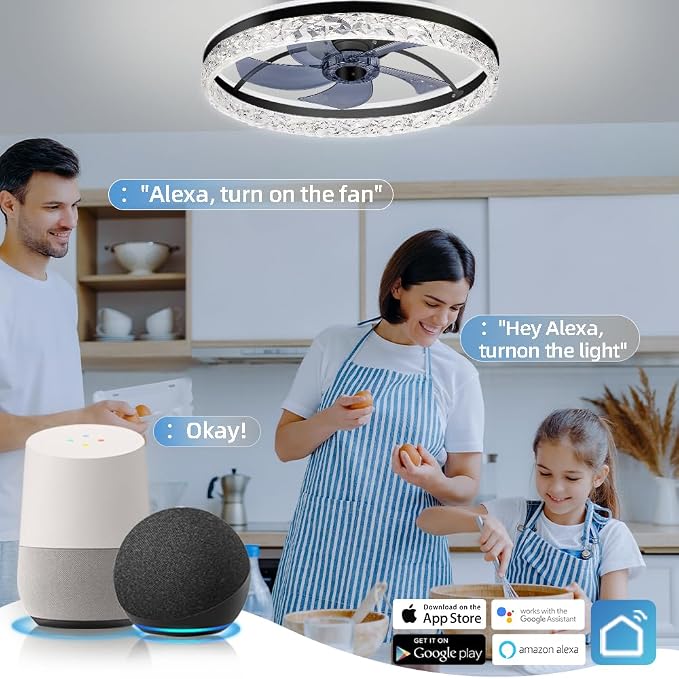 Ceiling Fan with Light, Low Profile Flush Mount Ceiling Fan with Bluetooth Speaker, Smart Ceiling Fan with Alexa & Google Assistant, Voice/APP/Remote Control, 6 Speeds