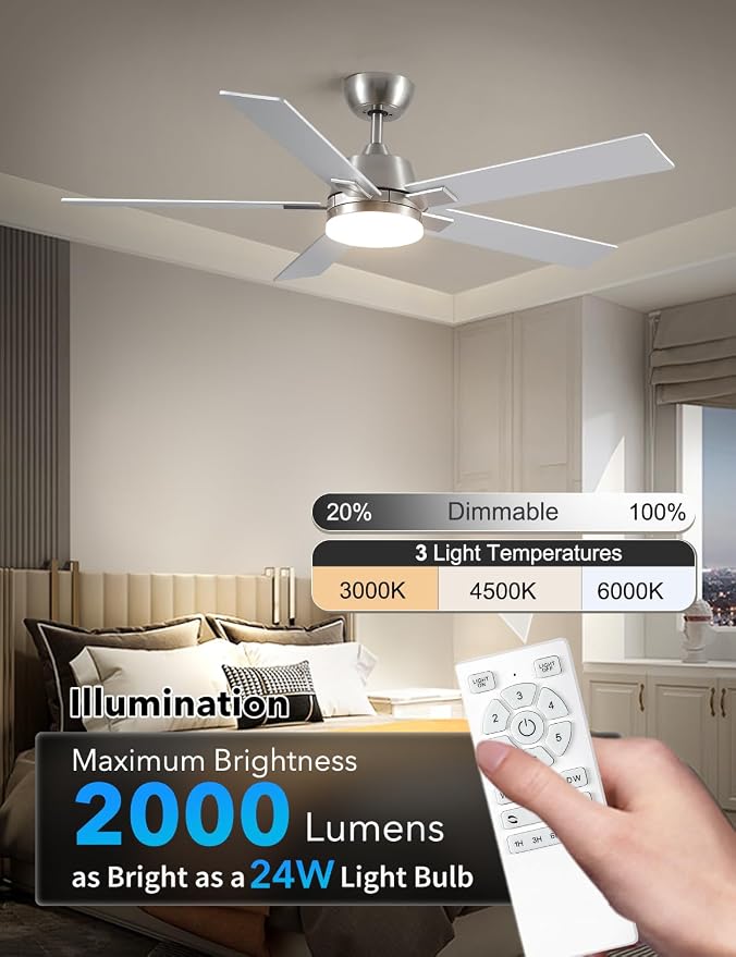 Rayqueen 52Inch Brushed Nickel Ceiling Fans with Lights and Remote,Downrod | 6 Speed Reversible DC motor,3-color temperature dimmable LED.For indoor/covered outdoor.Modern style for bedroom room