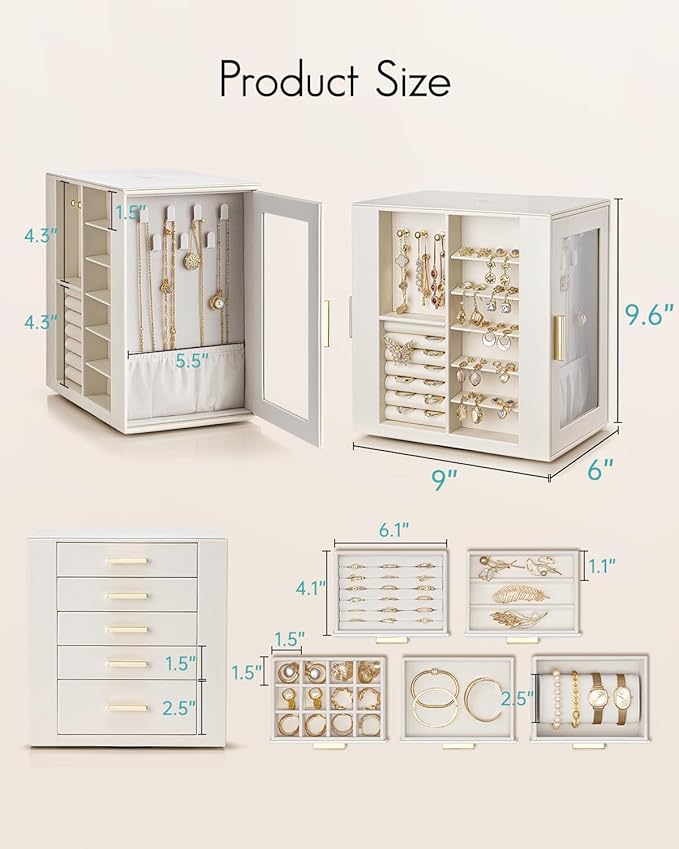 VLANDO 360ｰ Rotating Jewelry Box with 5 Drawers, Large Jewelry Storage with 2 Glass Window, PU Leather Jewelry Organizer for Bracelets, Necklaces, Earrings, Rings - Cloud White
