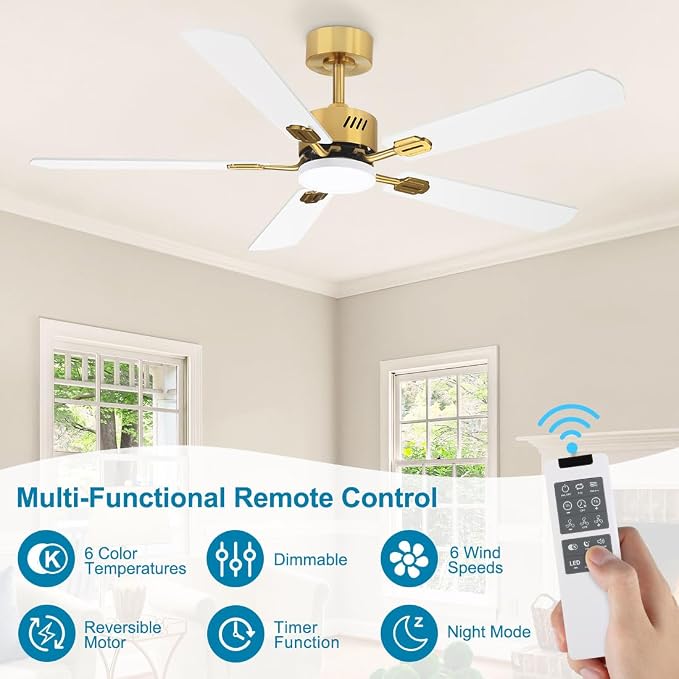52 inch Ceiling Fan with Lights White and Gold, 3000K-6000K, 6 Wind Speeds, Dimmable LED Ceiling Fan 5 Blades, Quiet Reversible DC Motor, Modern Ceiling Fan for Bedroom, Living Room, Patio