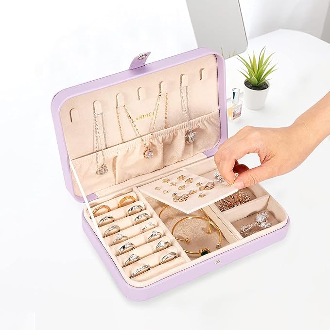 LANDICI Small Jewelry Box for Women Girls, PU Leather Travel Jewelry Case, Portable Jewelry Organizer Storage Holder Display for Ring Earrings Necklace Bracelet Bangle Men Kids Gift, Lavender