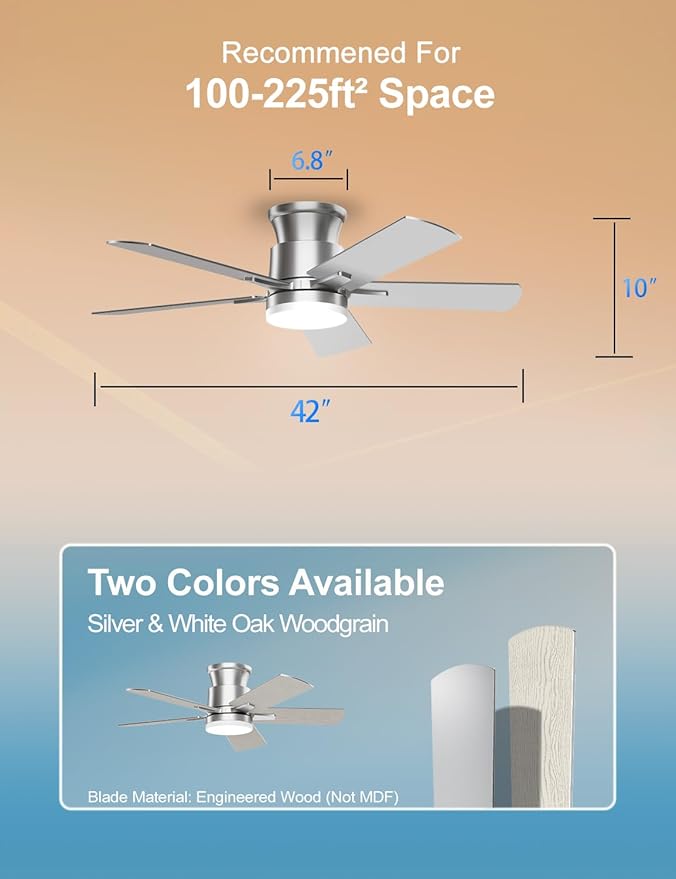 Flush Mount Ceiling Fans with Lights 42 Inch, Remote Control, 3CCT Dimmable, 6 Speeds, Noiseless Reversible DC Motor, Low Profile Silver Nickel Ceiling Fan for Living Room, Patio, Indoor/Outdoor, ETL