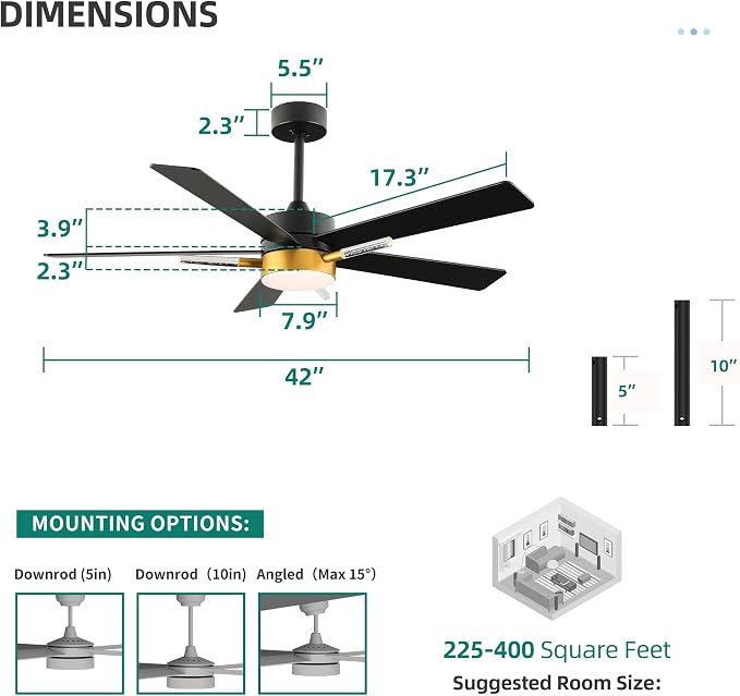 YITAHOME 42 Inch Ceiling Fans with Lights and Remote, 5 Blades with Crystal Rod Design, Modern Black Gold Ceiling Fan with Reversible Quiet Motor, 3 Colors Stepless Dimming for Home, Black Gold | 5 Blades with Crystal Rod Design, Modern, Reversible Qui...