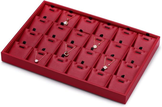Oirlv Gorgeous Red Leather 24 Grid Jewelry Tray with Removable Inserts Jewelry Cards Stackable Necklace Trays Necklace Drawer Organizer | Red Leather Exterior, Soft Microfiber Interior, 24 Pendant Slots, Removable Inserts, Bold Display for Pendants