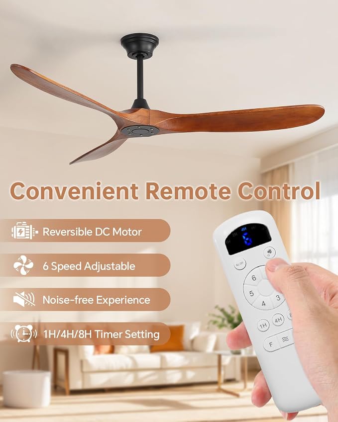 Sofucor 60 Inch Ceiling Fans No Light-Outdoor Ceiling Fan with Remote Control, Quiet DC Motor, 3 Blades Modern Solid Wood Ceiling Fan Without Light for Indoor Bedroom Living Room Patios Farmhouse
