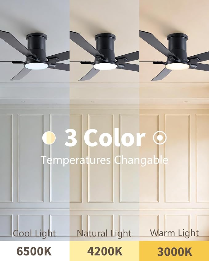 60 Inch Black Flush Mount Ceiling Fans with Lights and Remote | 3CCT Dimmable LED, 6 Speed, Quiet DC Motor, 3-Level Timer Function, Forward/Reserve For all Seasons, Indoor/Covered Outdoor