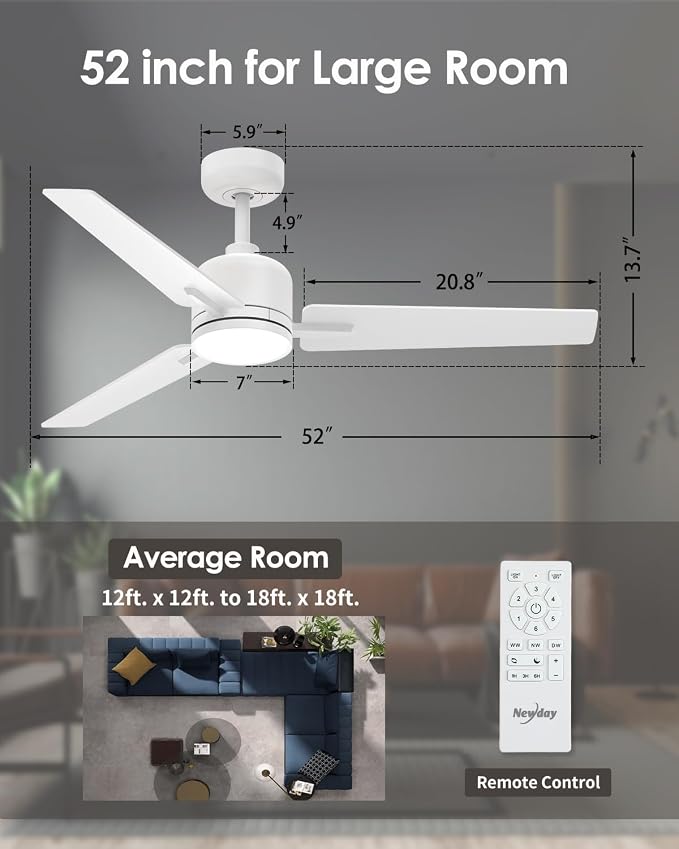 52 Inch White Ceiling Fan with Lights and Remote, Modern DC Motor Ceiling Fan with 3 Reversible White/Natural Wood Blades, 3CCT Dimmable LED, 6 Speeds, Quiet Fan for Nursery, Bedroom, Patio