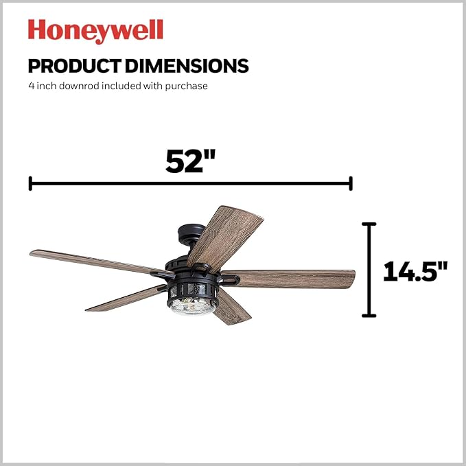 Honeywell Bonterra 52 Inch Ceiling Fan with LED Light and Remote Control, 5 Blades, Modern Fan for Rooms Over 400 Sq Ft, Matte Black