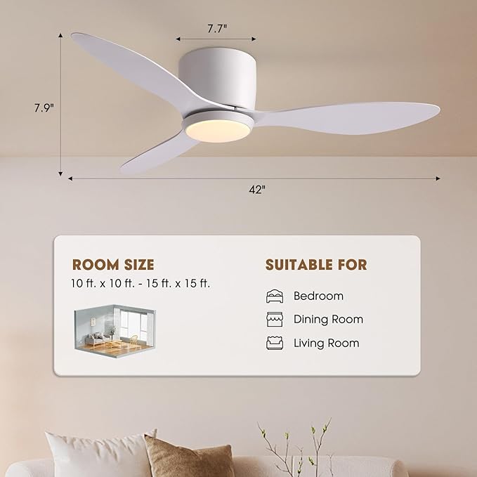 LUDOMIDE Ceiling Fans with Lights,42 Inch Low Profile Ceiling Fan with Wall Control and Remote Control,Dimmable,Flush Mount Ceiling Fan with Noiseless DC Reversible Motor for Bedroom Indoor Use