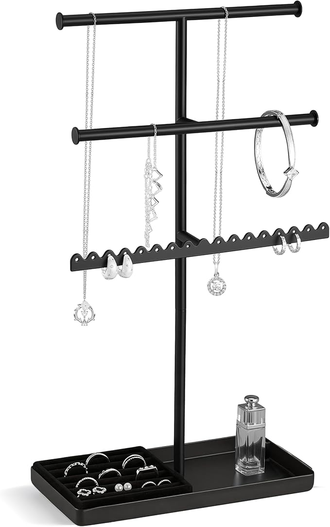 Lolalet 3-Tier Jewelry Organizer Stand, Metal Jewellery Holder, Dresser Display Rack for Necklace Earring Bracelets Rings, Gift for Women Girls -Black