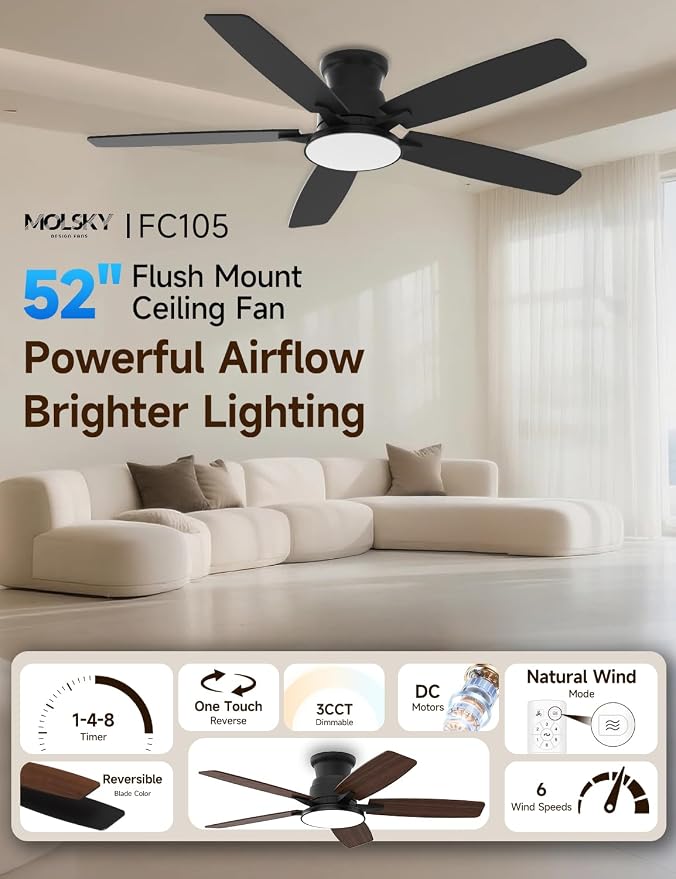 Flush Mount Ceiling Fan with Light, 52 Inch, Remote Control, 3CCT Dimmable LED, 6-Speed Silent Reversible DC Motor, Low Profile Hugger Ceiling Fan for Indoor/Outdoor 90-264V 50/60Hz Matte Black